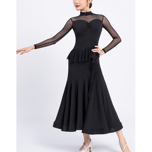Women girls black navy blue ballroom dance dresses waltz tango foxtrot smooth ballroom dancing skirts long gown for female